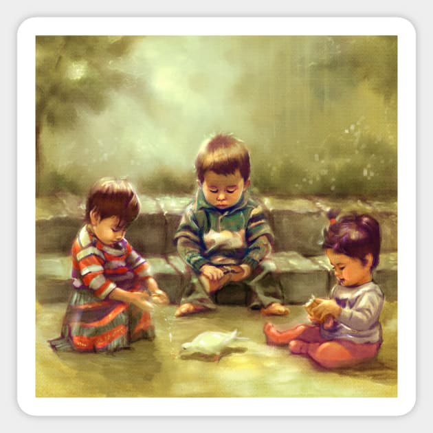 Three kids feeding a pidgeon Sticker by Artofokan